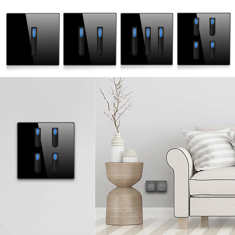 

Indicator 86*90mm Tempered Glass Panel Piano Key Rocker Switch Wall Light Switch Push Button Switch 1/2/3/4 Gang 1 Way