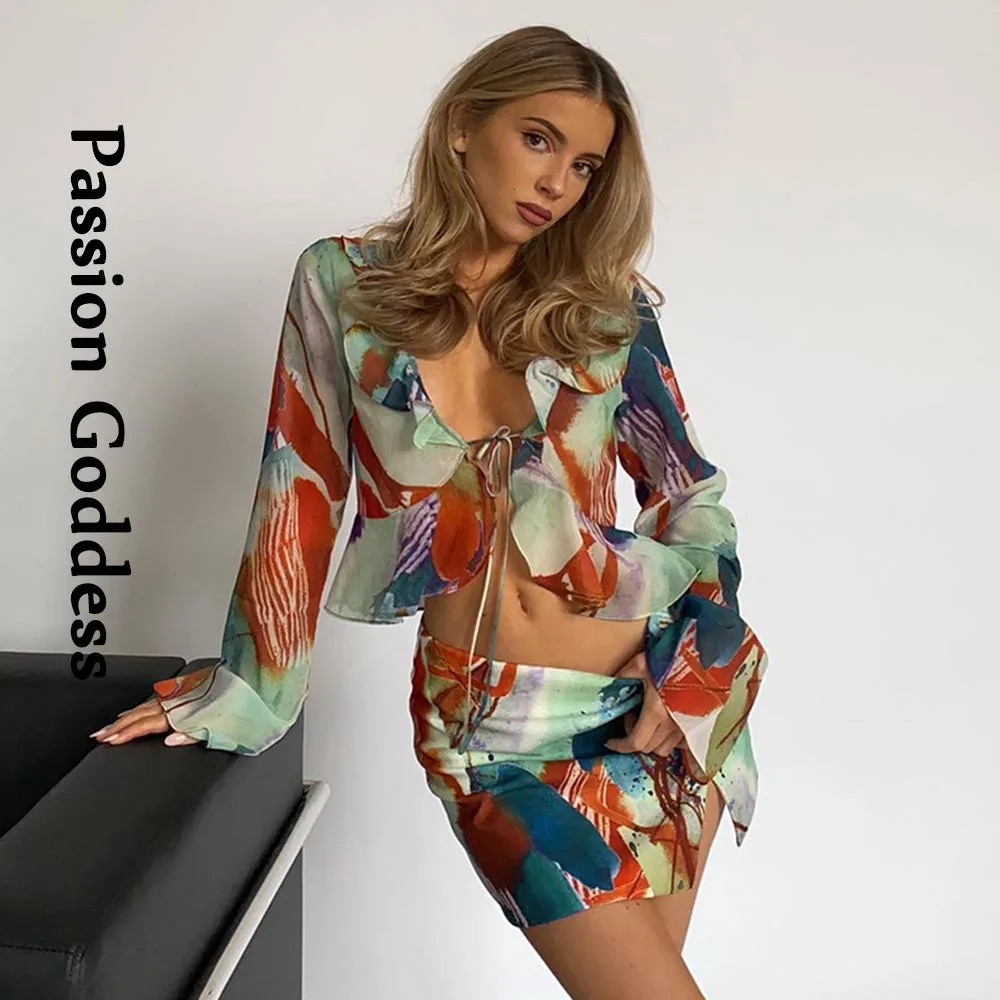 

Summer Women Printed Chiffon Shirts Skirts 2 Piece Sets Long Sleeve Ruffle Bandage Shirts Split Mini Skirts Slim Two Piece Suits