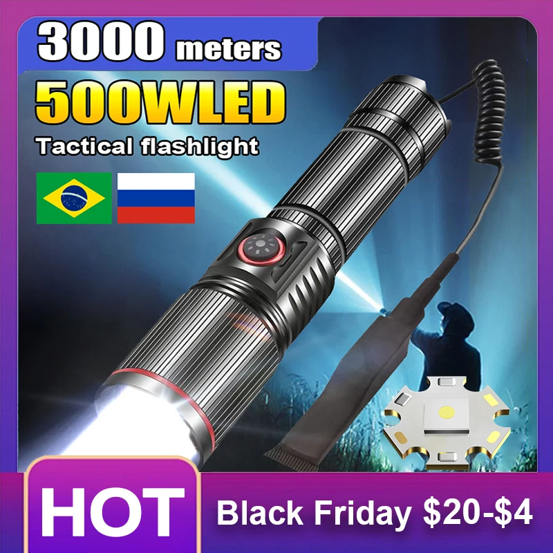 

Lighting 3000M Army Tactical Flashlight 500W Powerful Long Range Flashlight with Usb Charging Tactical Lantern Rechargeable Lamp