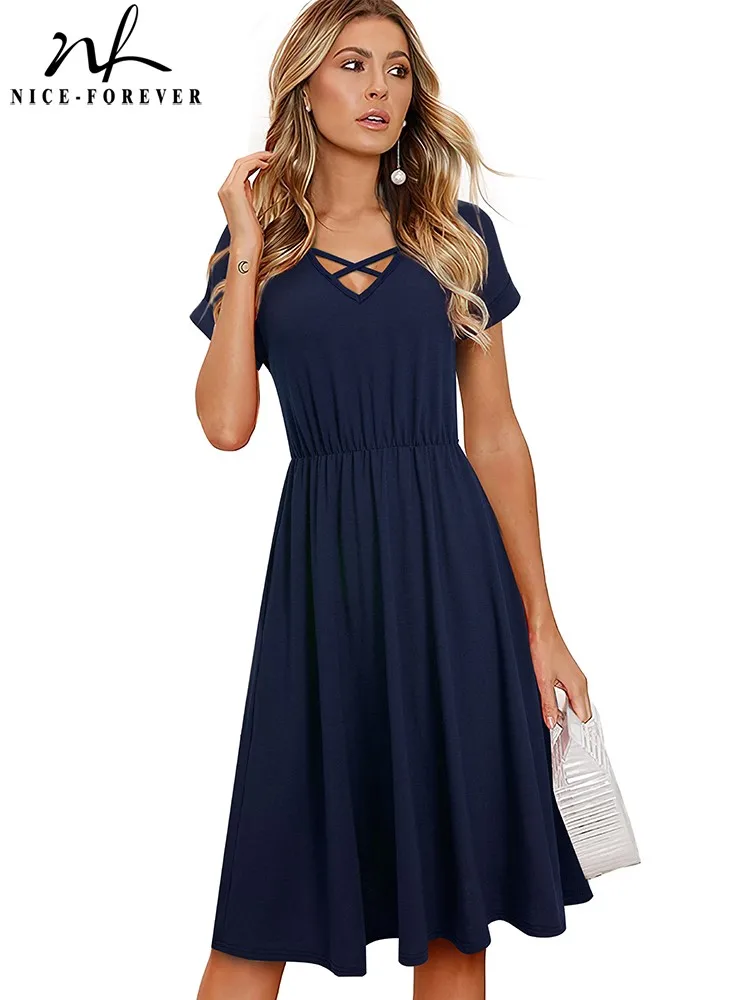 

Nice-forever Summer Women Classy Solid Color with elastic Dresses Casual Retro Flare Swing Day Dress A274