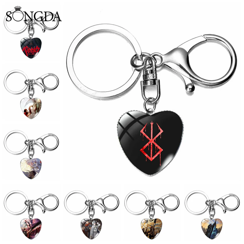 

Anime BERSERK Keychains Cartoon Figures Heart Shape Glass Dome Lobster Clasp Pendants Keyrings Trendy Accessories Gifts Jewelry
