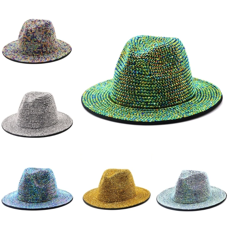 

2023 New Women Bling Fedora Hat Simple Wide Brim Felt Panama With Full Diamond Adjustable Jazz Hats Dropshipping