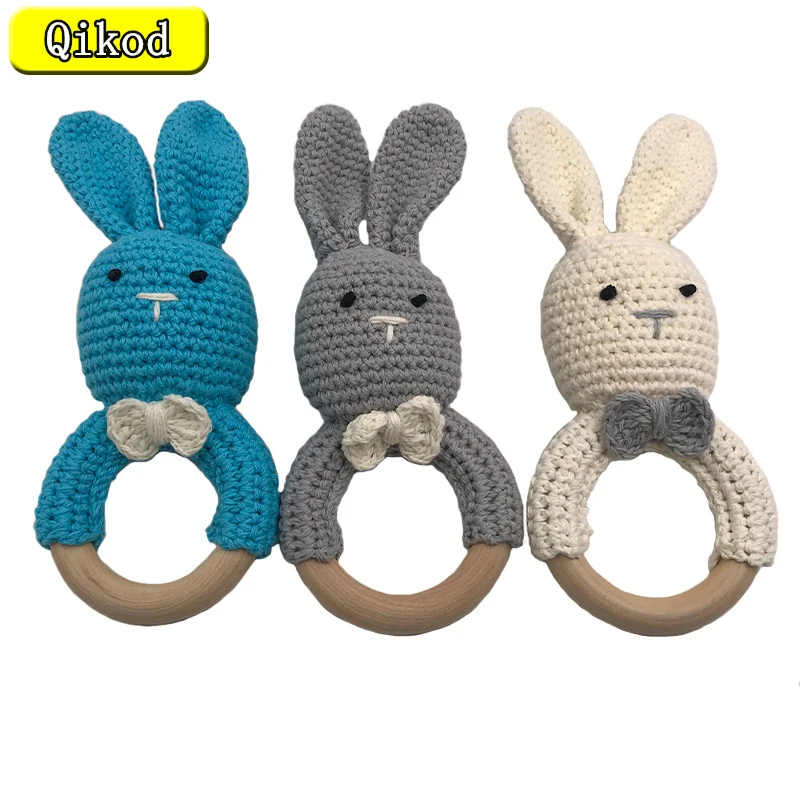 

1Pc Crochet Bunny Baby Teether Rattle Safe Beech Wooden Teether Ring Pacifier Clip Chain Newborn Mobile Gym Educational Toy Gift