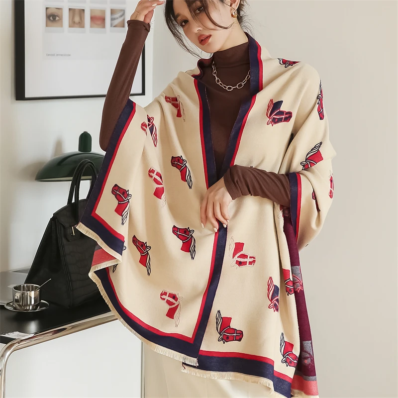 

Женский зимний шарф кашемировая пашминовая шаль с принтом лошади теплое толстое одеяло хиджаб Женские палантины большие шарфы