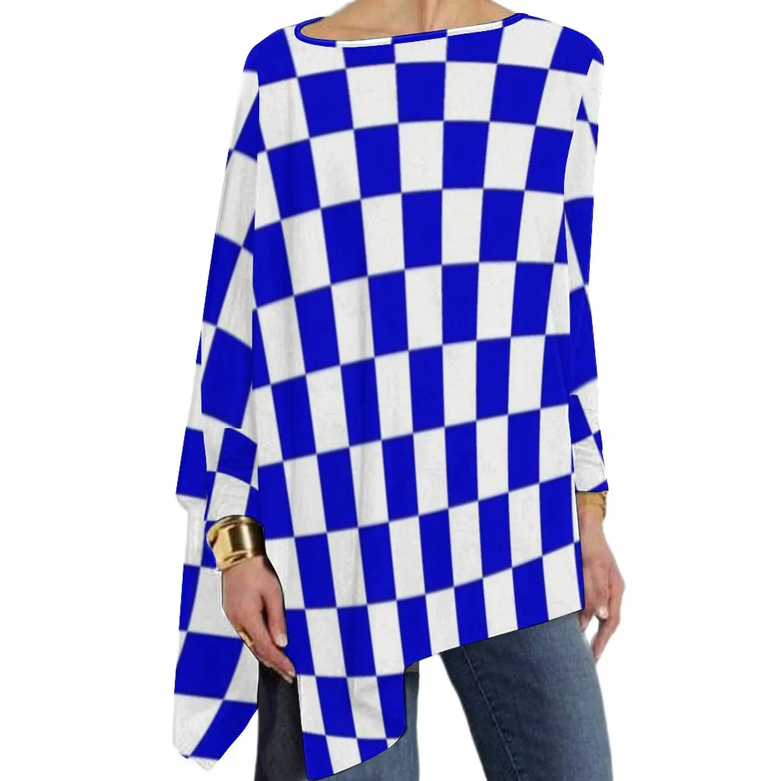 

Checkerboard Pattern T-Shirt Blue and White Checker Y2K Long Sleeve T Shirts Street Wear Big Size Tees Lady Print Tops Gift Idea