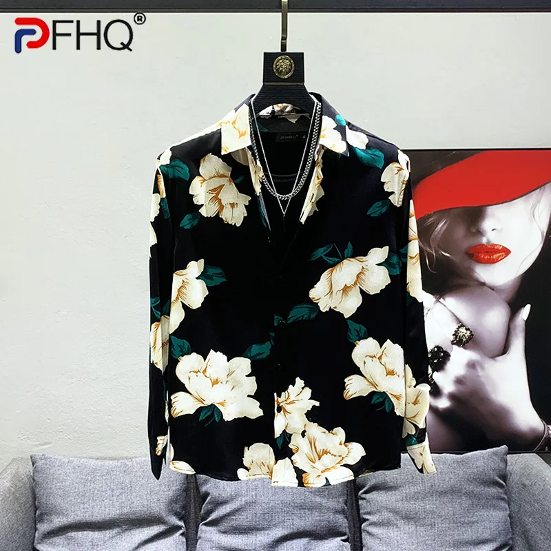 

PFHQ 2023 летние новые модные свободные рубашки с принтом для мужчин отложной воротник с длинным рукавом однобортная Мужская блузка 21F3615