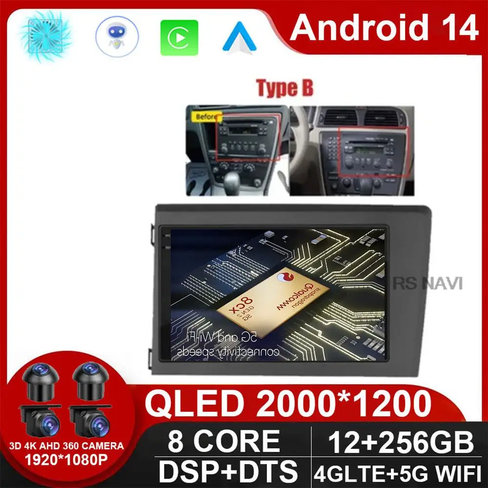 Android 14 Carplay Auto WlFl + 4G для Volvo XC70 V70 S60 2000 - 2009 Can Автомагнитола MultimediaVideo проигрыватель