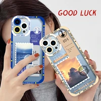 creative landscape stamp label phone case for iphone 11 pro max 13 12 xs x xr 7 8 plus soft silicone camera lens protect cover