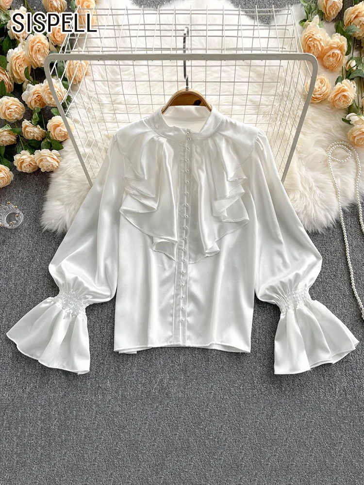 

SISPELL Casual Shirt For Women Lapel Lantern Sleeve Minimalist Single Breasted Solid Slim Blouse Female Summer 2022 Clothing New