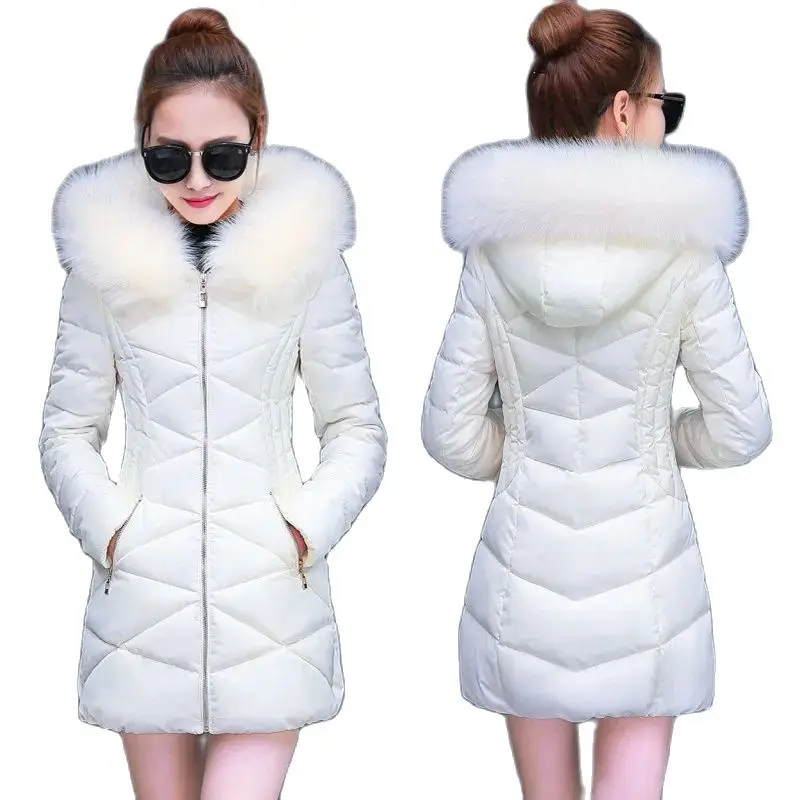 

2022 New Slim Cotton Padded Women Parkas Mid-Length Winter Jackets Hooded Fur Collar Solid Outwear Thick Warm Casual Female Coat