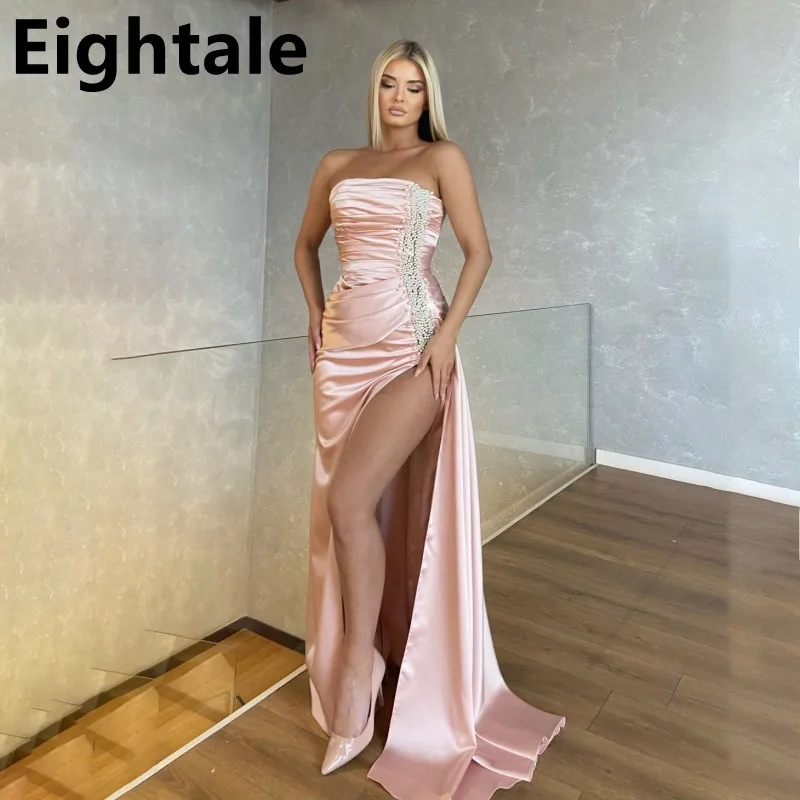 

Eightale 2022 Mermaid Pink Satin Evening Dress Strapless Pearls Side Slit Formal Celebrity Prom Party Dresses Vestidos De Noche