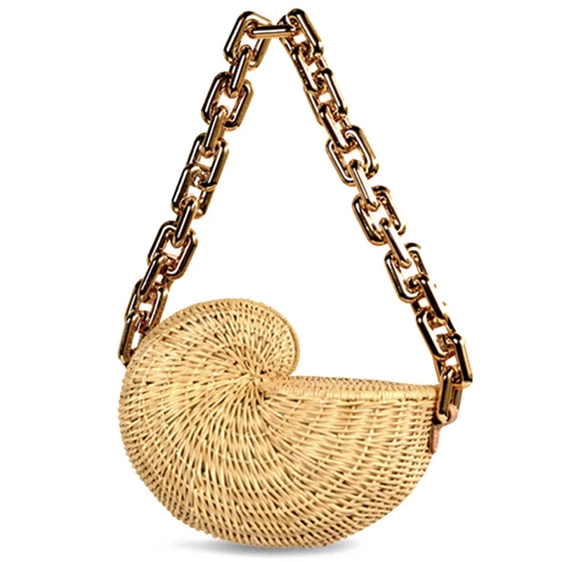 

ASDS-Fashion Thick Chains Rattan Conch Women Shoulder Bags Wicker Woven Handbags Summer Beach Straw Bag Purse