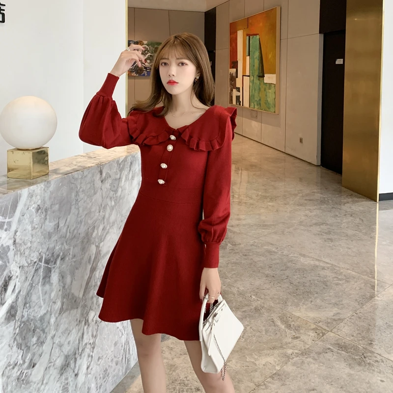 

2022Spring and Spring Korean Style Sweet Doll Collar Solid Color High Waist Slimming KnittedADress Women's