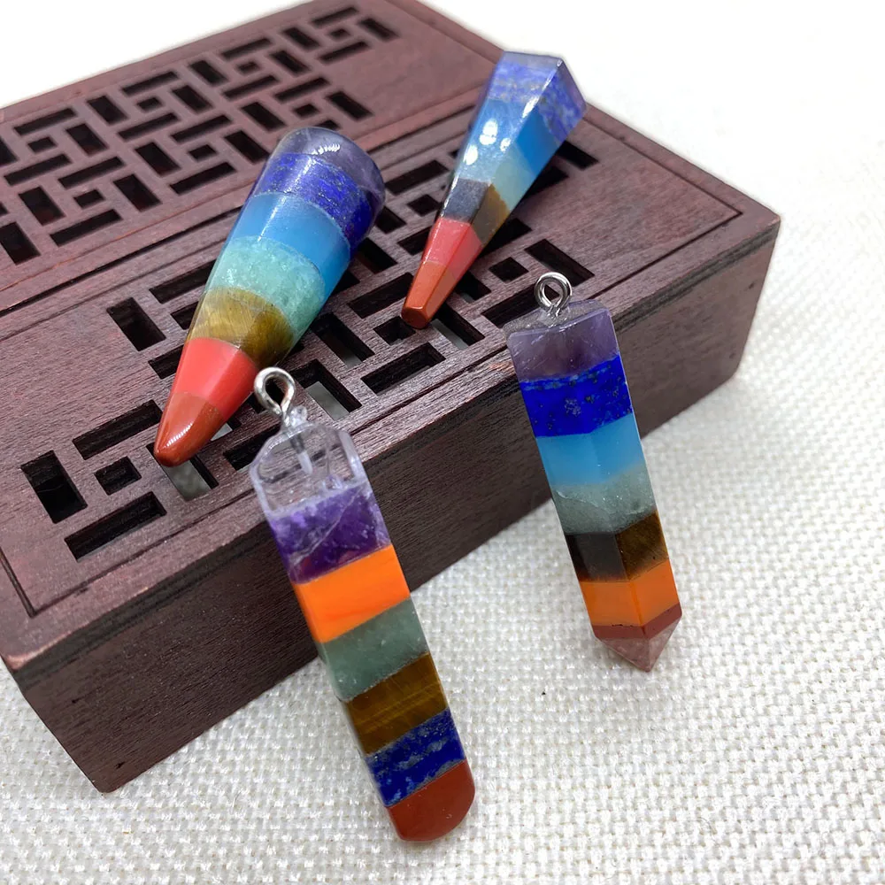 

Exquisite Natural Stone Seven Chakra Charm Pendulum Pendant Reiki Healing Making DIY Jewelry Bracelet Necklace 10x47mm15x47mm