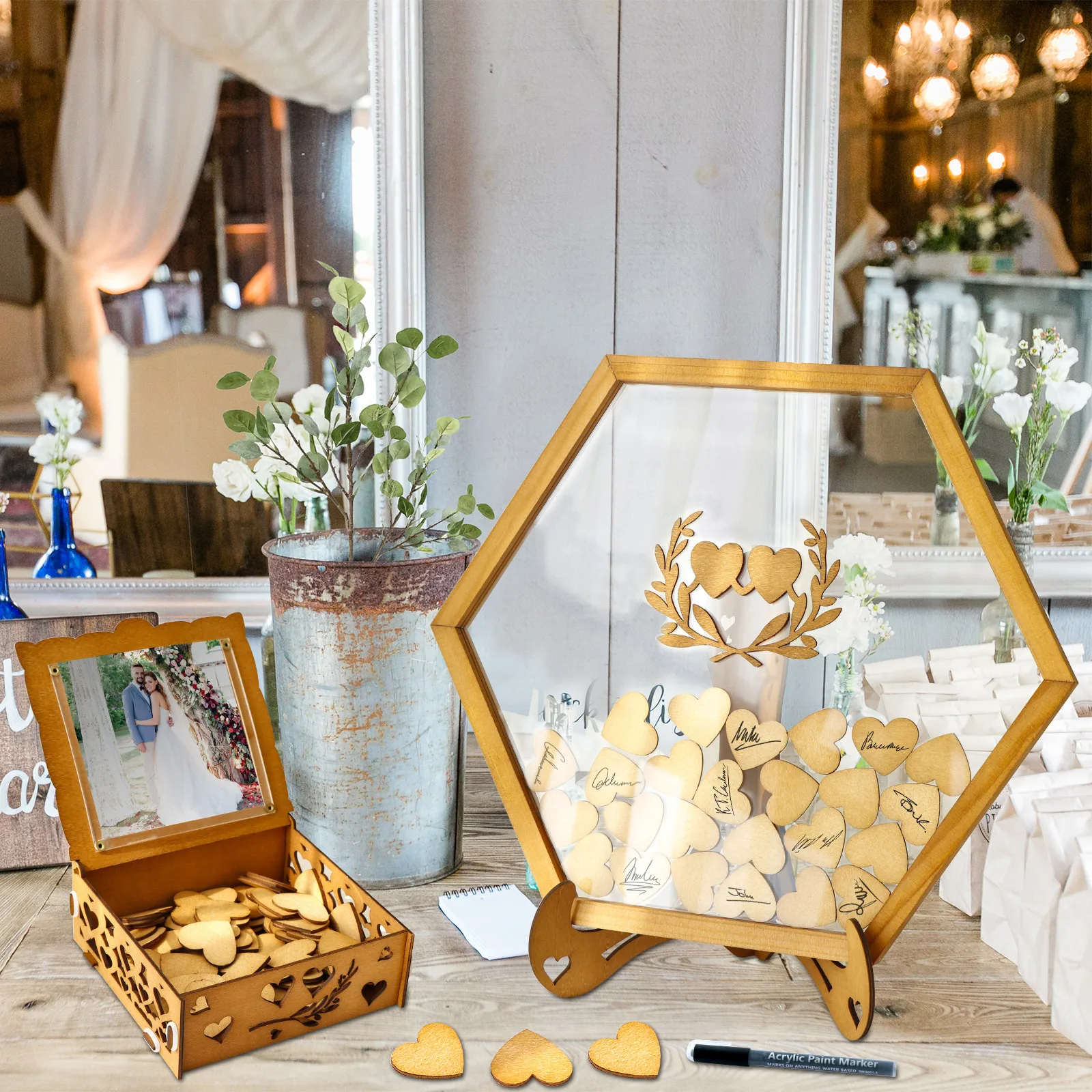 OurWarm Wooden Wedding Frame Guest Book Alternative Drop Box with Stand Plywood Box&100 Sweet Hearts For Wedding Decoration