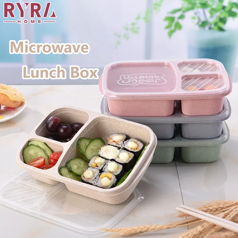 

Microwave Lunch Box 3 Grid Wheat Straw Dinnerware Food Storage Container Portable Bento Box Lunch Bag For Children School Office