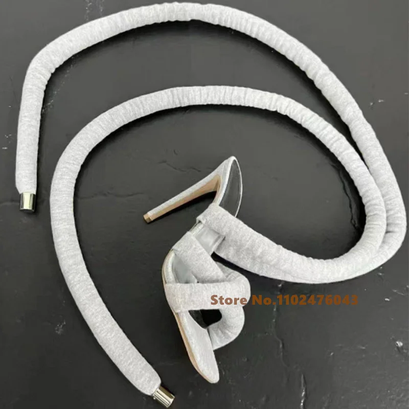 Grey Knit Lace Up Strappy Thin High Heel Sandals Women Summer Sexy Square Open Toe Cloth Rope Stilettos Sandals Female Shoes