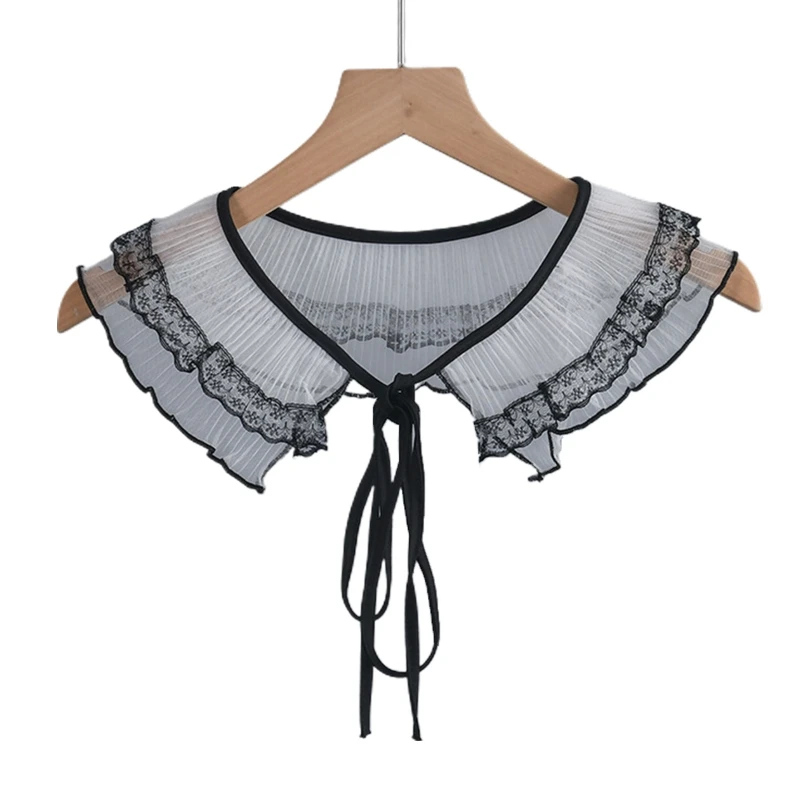 

New style Women Tiered Pleated Ruffles Mesh Detachable False Collar Shawl Wrap Lace-Up Bowknot Colorblock Lace Trim Capelet