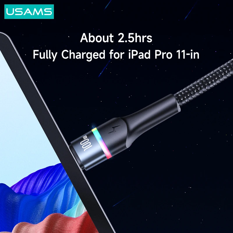 Кабель для быстрой зарядки и передачи данных USAMS PD 100 Вт 6 А цветной светодиодный