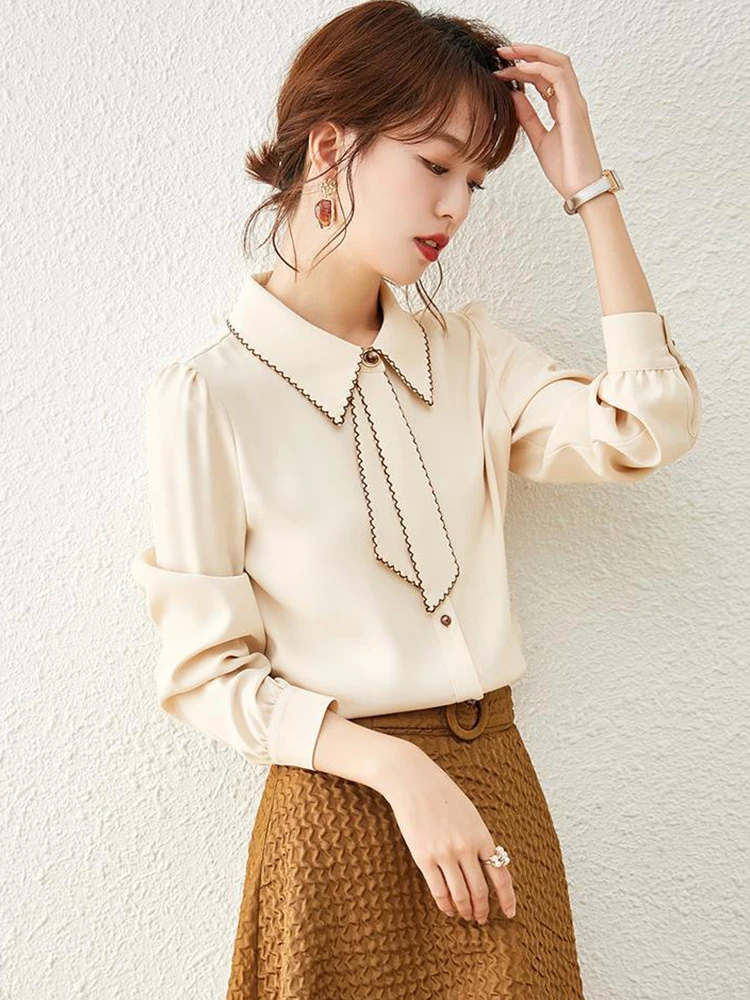 

Zoki Office Lady Fashion Tie Korean Chiffon Shirt Elegant Long Sleeve All Match Women Blouse Casual Turn Down Collar Tops New