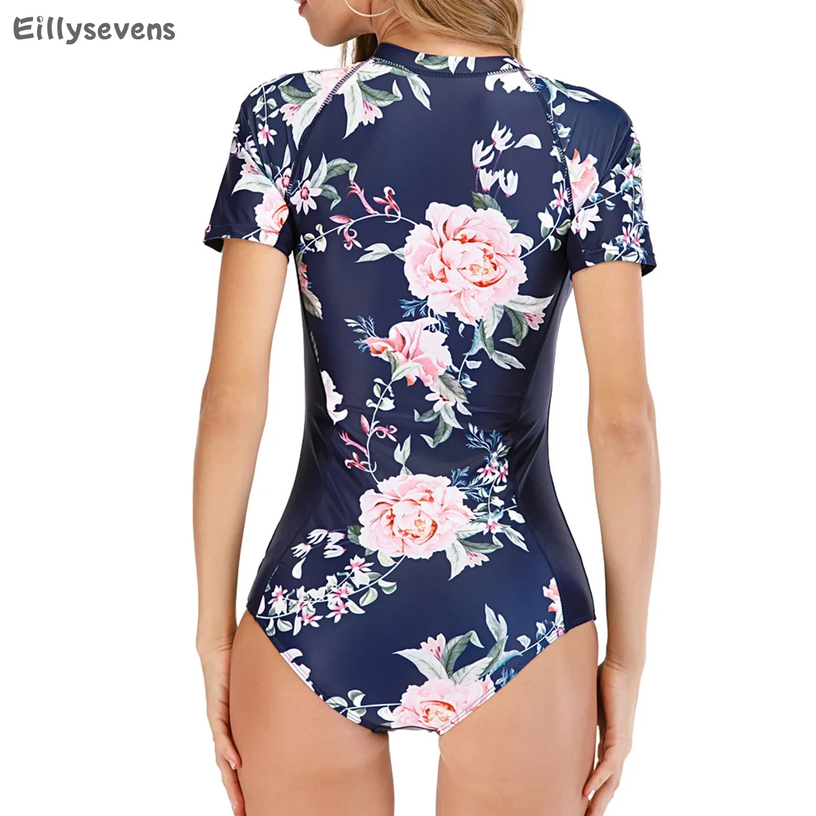 ępiony damski jednoczęściowy strój kąpielowy moda Surf kombinezon z krótkim rękawem miseczkami na klatkę piersiową bez stalowego biustonosza