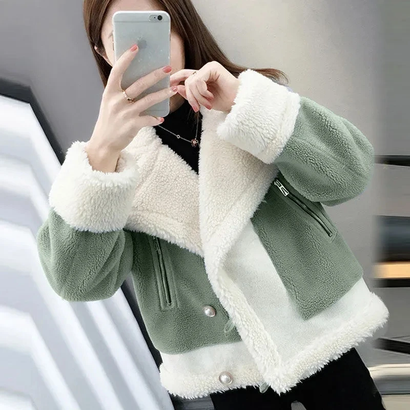 

Женская куртка из овечьей шерсти, Короткая свободная теплая куртка с длинным рукавом, Повседневная Базовая верхняя одежда, осень-зима 2023