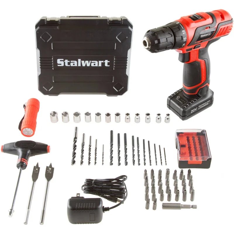 Stalwart 65Pc Cordless Drill Set with Lithium-Ion Battery an