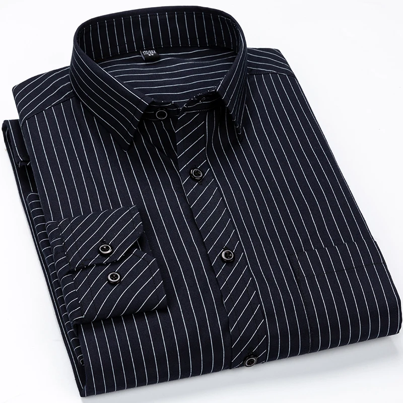 

Classic Vertical Striped Men's Long Sleeve Shirt Single Patch Pocket Buttoned Up Formal Business Basic Dress Shirts