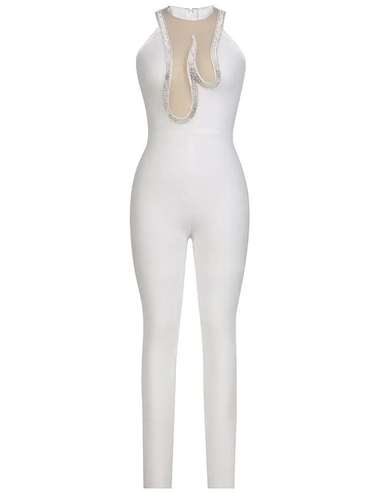 Женский Облегающий комбинезон без рукавов элегантные длинные брюки со стразами
