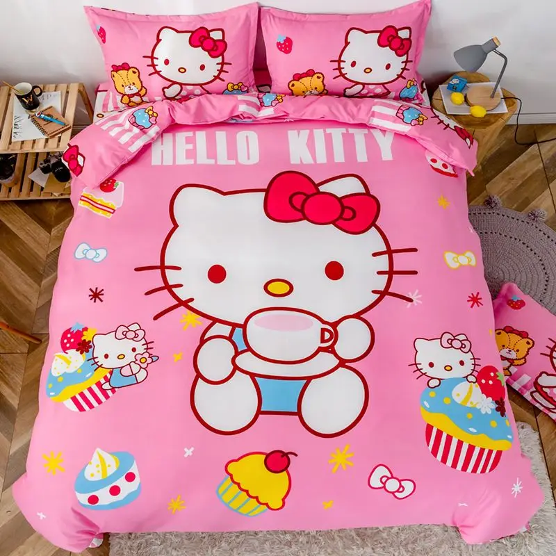 Sanrio Kawaii Hellokitty bed sheet four-piece cartoon cute quilt cover bed girl heart student gift dormitory three-piece set