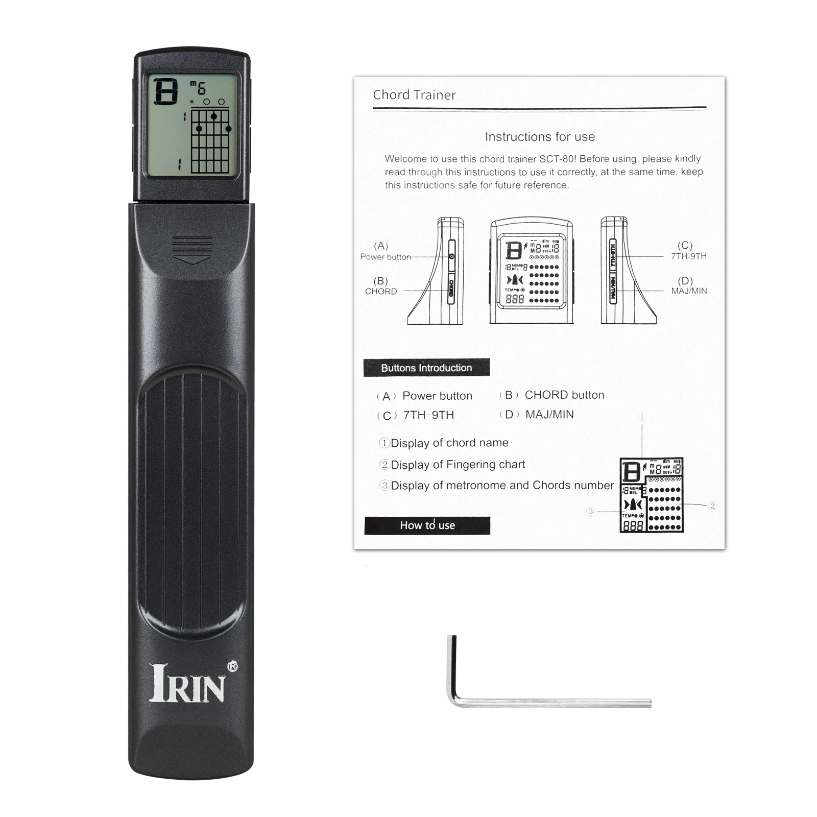 

IRIN Pocket Guitar Chord Trainer 6 Fret Portable Practice Tool Chord Name Fingering Chart Metronome Display Screen for Beginners