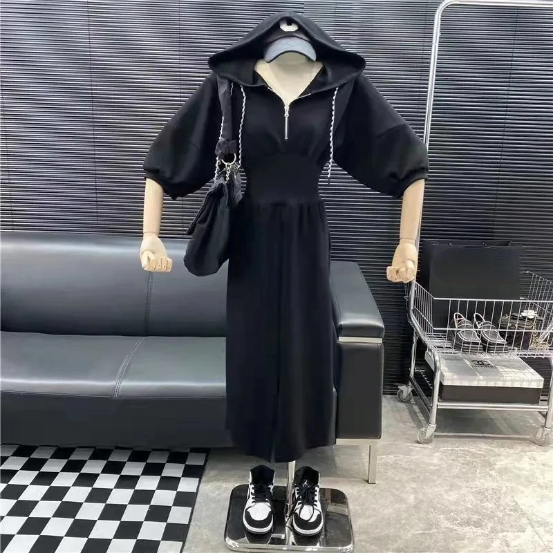 Корейское облегающее платье до середины икры с капюшоном женские повседневные