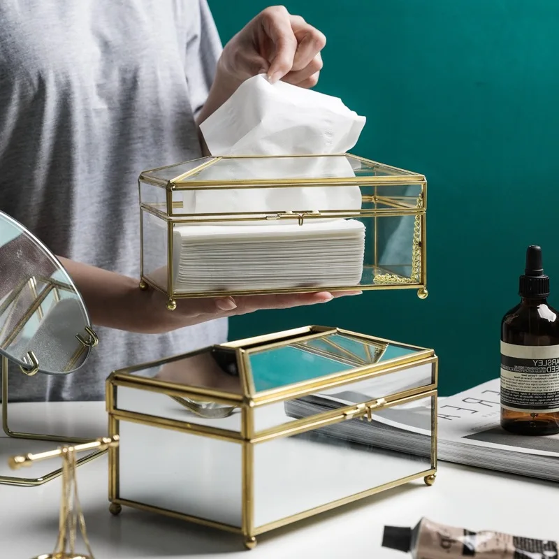 

Paper Tissue Box Brass Glass Office Toilet Kitchen Napkin Holder Car Storage Living Room Coffee Table Organizer Trump Decorative
