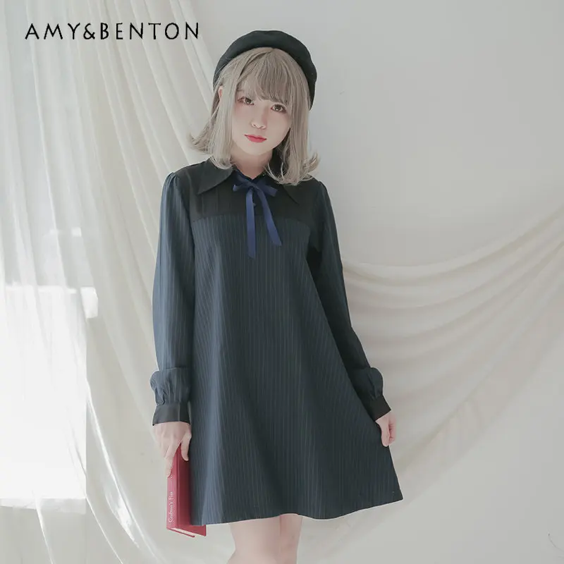 

College Style Striped Pointed Collar Dress Women's Japanese Style Spring Autumn Dress Female Casual Op Short Dress