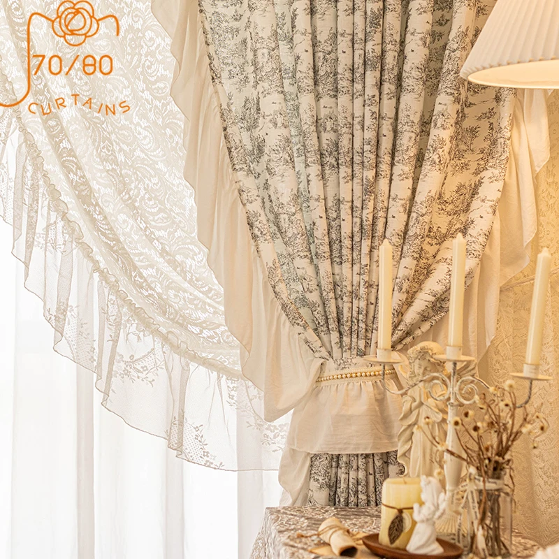

French Romantic Lotus Leaf Lace Lace Black and White Cotton and Linen Printed Curtains for Living Room Bedroom Dining Room