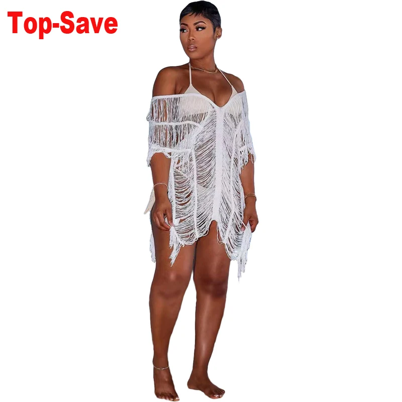 

2023 Summer New Sexy Fashion Hollow Out Beach Dresses For Women Sleeveless Tassels Cape Swimsuit Cover Up Bathing Suit Oversized