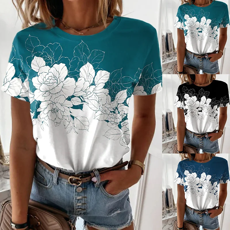 

2022 Summer Shirt Loose Pullover Women's T-shirt Painting of Flowers Graphic Graffiti Print New Plus Size Round Neck Tops