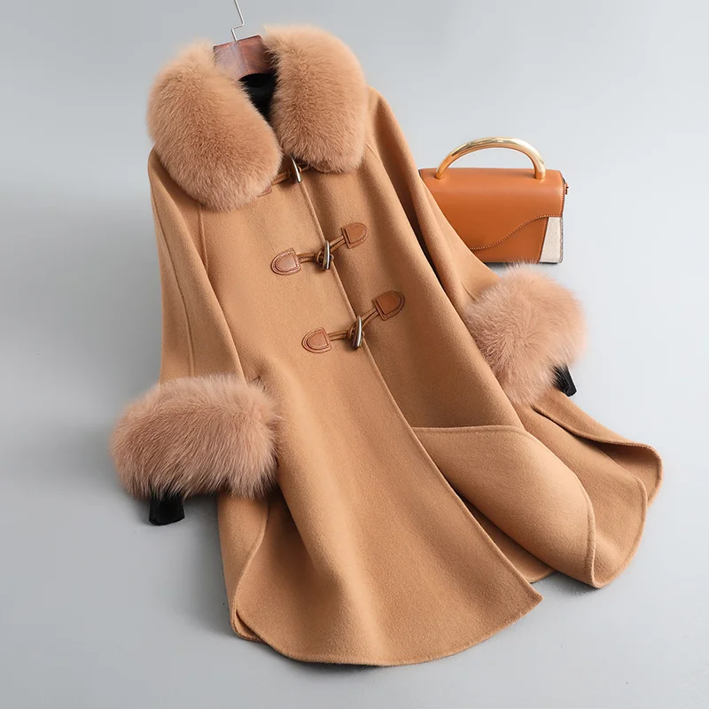 

Wool Cashmere Coat With Fox Fur Collar And Fox Fur Cuffs Women Winter Warm Fur Loose Coats Real Wool Blend Fur Jacket