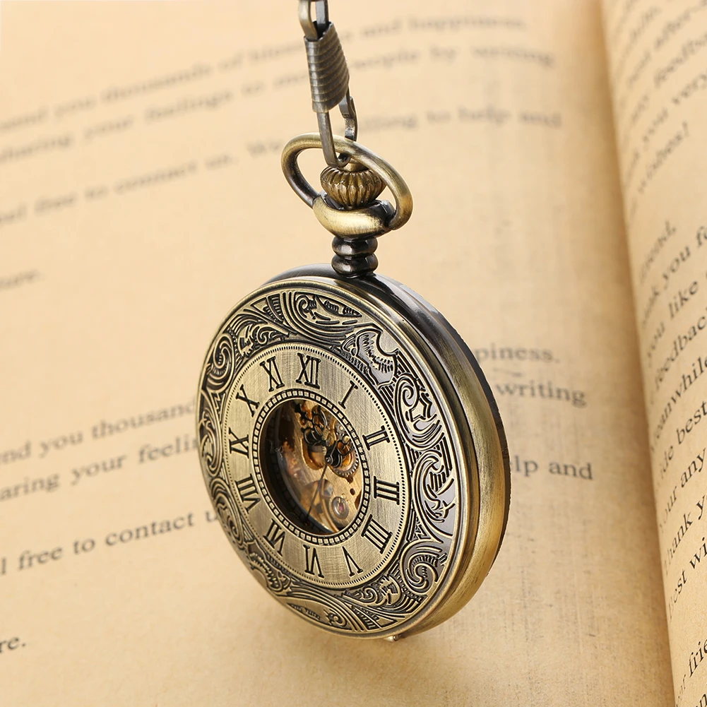 Classic Roman Numerals Carved Manual Mechanical Pocket Watch Bronze Fob Chain Arabic Numeral Dial Hand Winding Antique Clock
