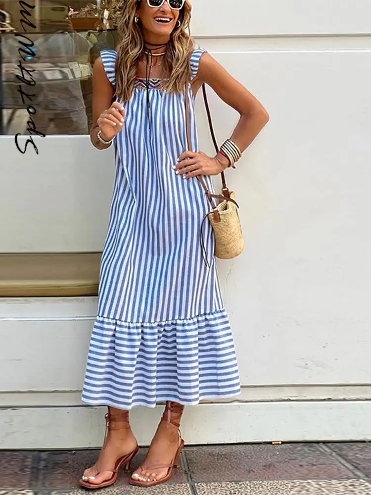 

Женское платье-миди в полоску, с квадратным вырезом, без рукавов