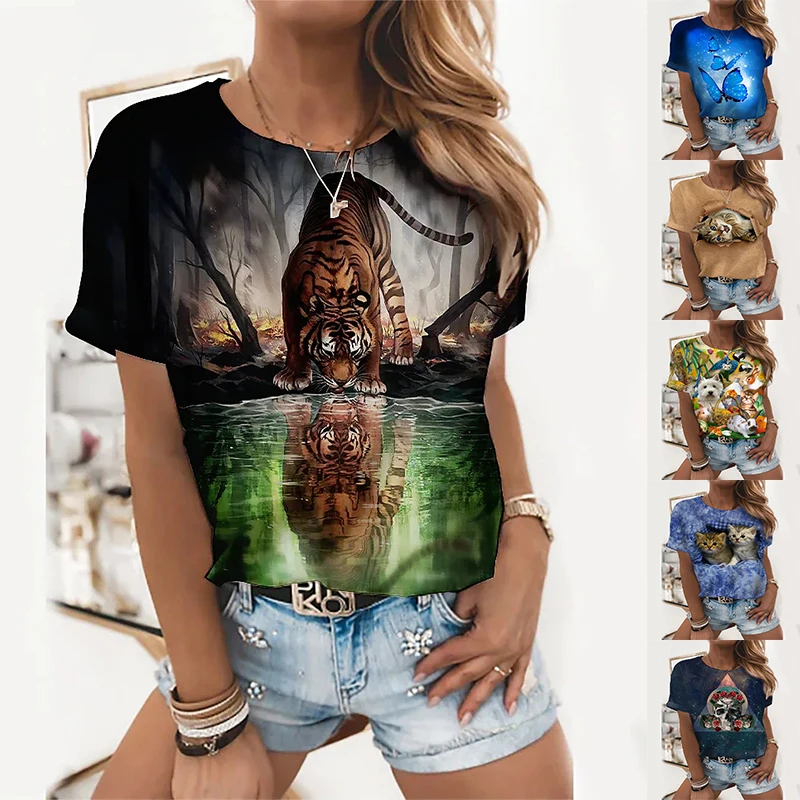 

Женские летние футболки с 3D-принтом животных, женские повседневные Модные топы с круглым вырезом, уличный пуловер нового дизайна, футболки, ...