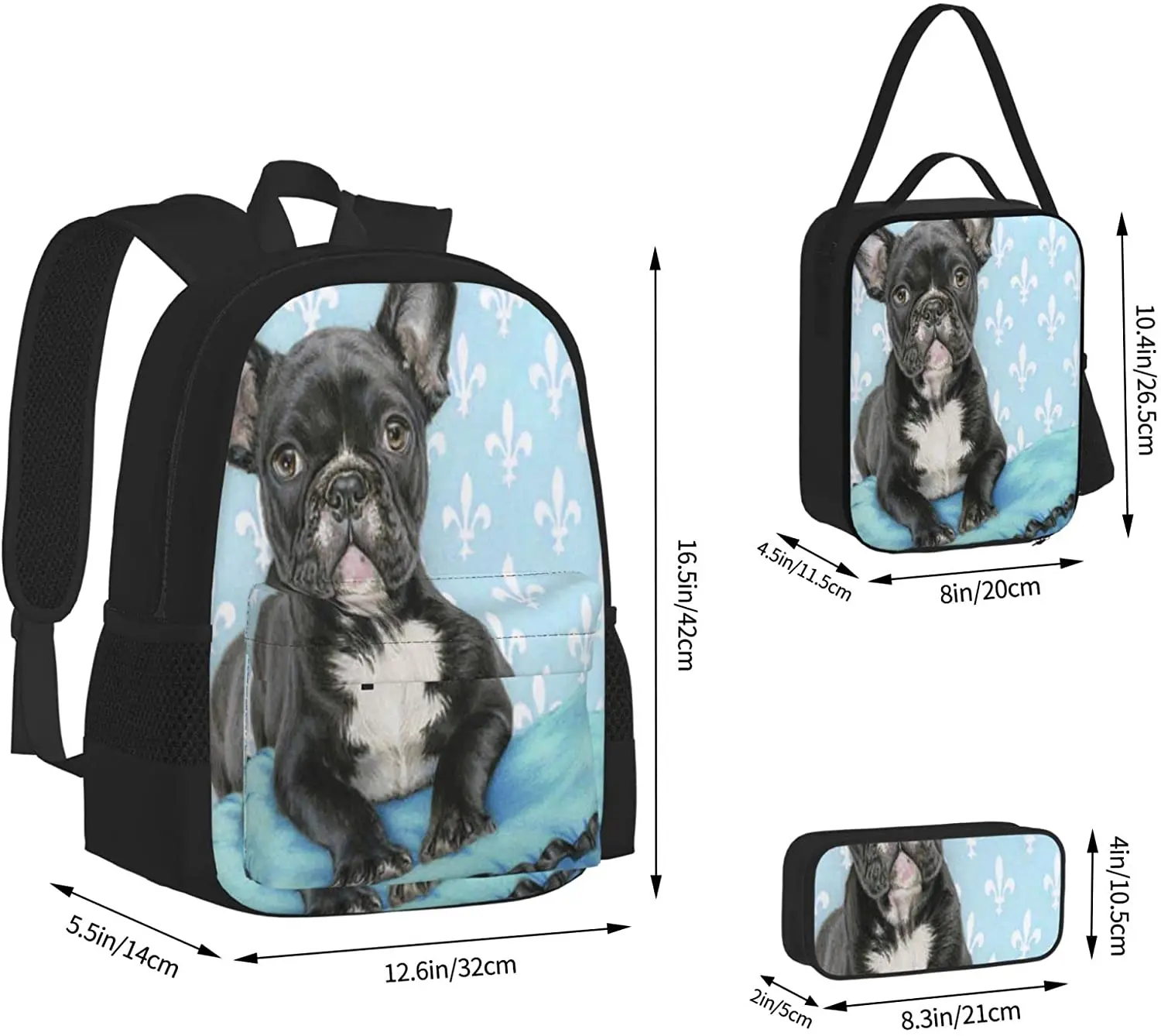 French Bulldogs Girl Schoolbag Travel Bag Casual Daypack Lunch Bag Pencil Case for Boys Teens Girls 3pcs Sets