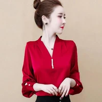fashion woman blouses 2022 autumn pullover v neck shirt sleeves slim long sleeve shirts korean ladies elegant female blouse
