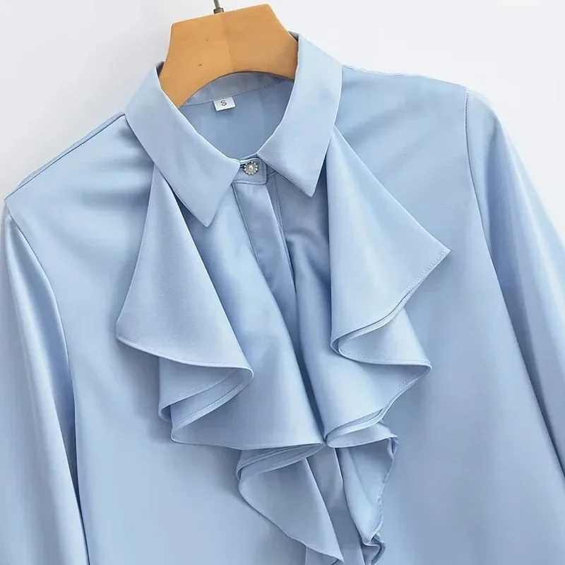 Женская атласная блузка с оборками однотонная элегантная рубашка длинным
