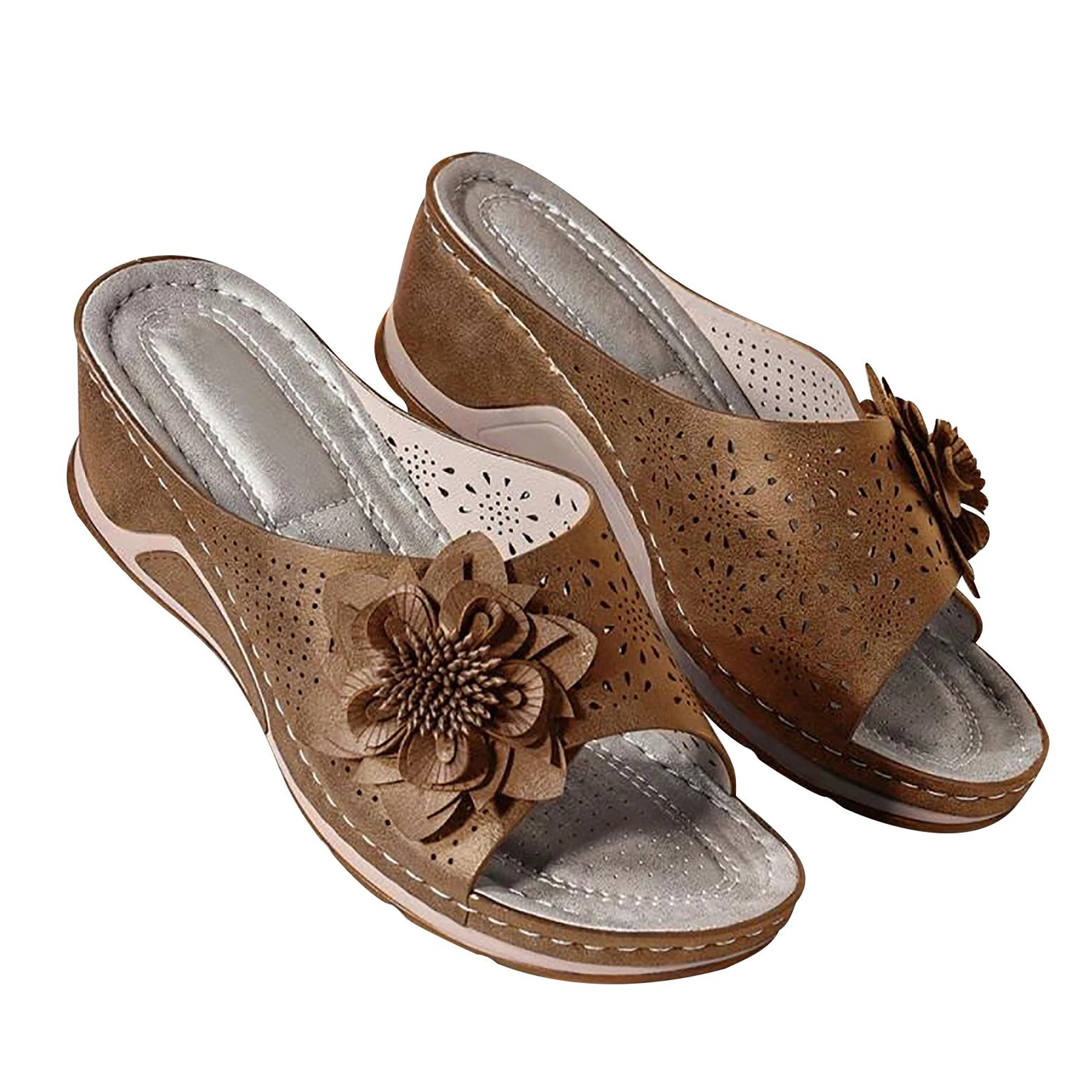 

Women Summer Wedge Sandals Fish Mouth Elegant Arch Support Flower PU Leather Orthopedic Non Slip Daily Vintage Shoes Lightweight