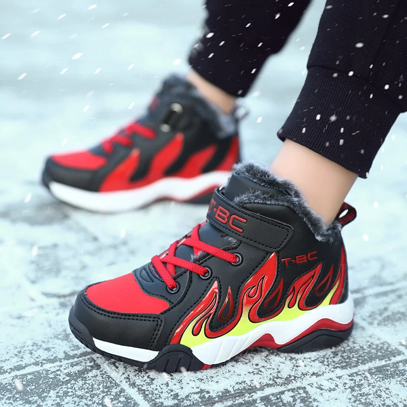 Children Warm Sport Shoes Boys Sneakers Winter Fashion Pu Leather Waterproof Boots Anti-Slippery Comfortable Footwear Big Kids