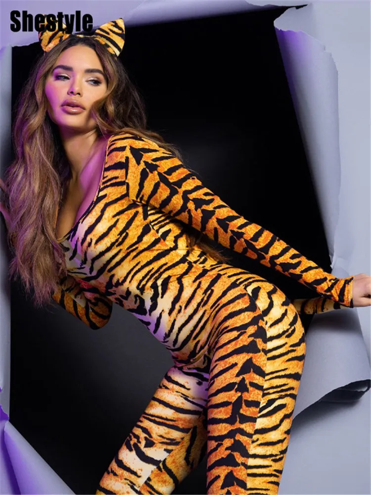 Shestyle Women Jumpsuits with Tail Sexy Backless Leopard Tiger Print Wild Style Skinny Round Neck Christmas Costume 2021