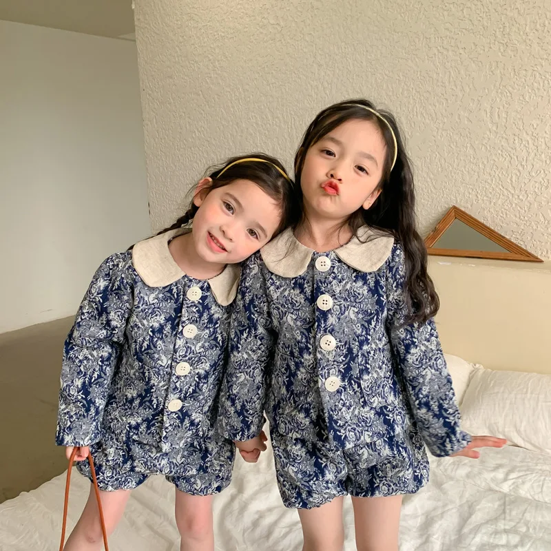 Spring Girls Set Classic Chinese Printing Coat and Lantern Shorts Set 2022 New Designer Girls Suits Children Clothes Kids Sets