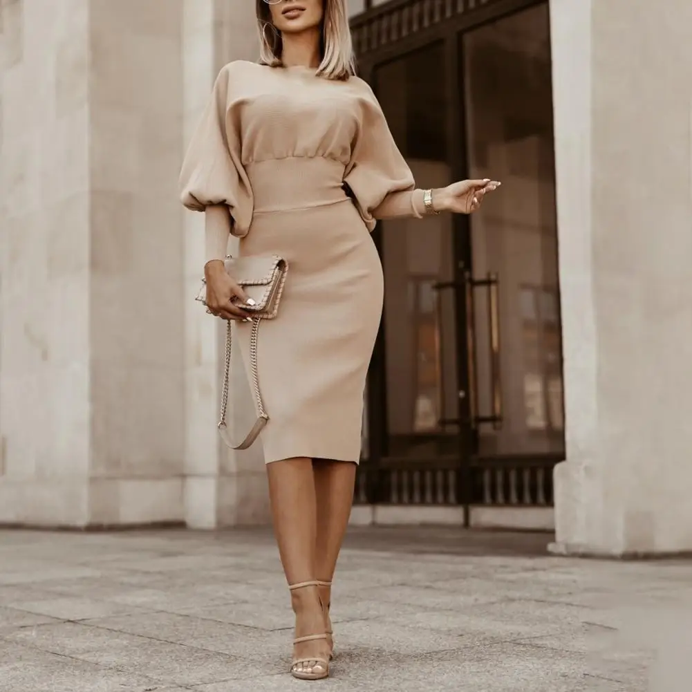 

Stylish Dress Women Bodycorn Dress Autumn Elegant Long Lantren Sleeve Slim Fit OL Sundress Femme Robe Solid Party Midi Vestidos
