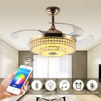 42 golden colorful bluetooth audio fan light chandelier bedroom led living room frequency conversion crystal ceiling fan light